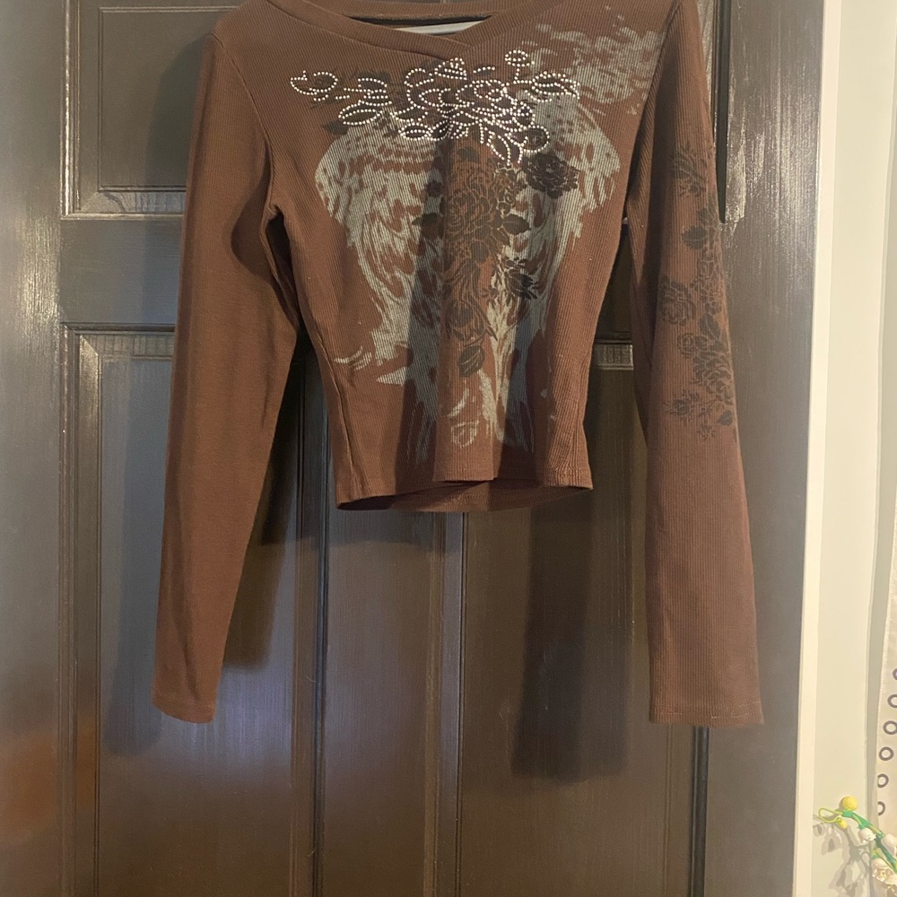 SHEIN Brown Long-Sleeve Graphic Rhinestone Top